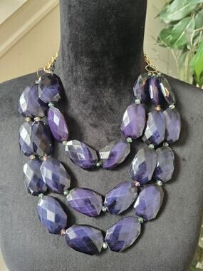 Purple Amethyst Tone Faceted Chunky Triple Strand Beaded Bib Necklace